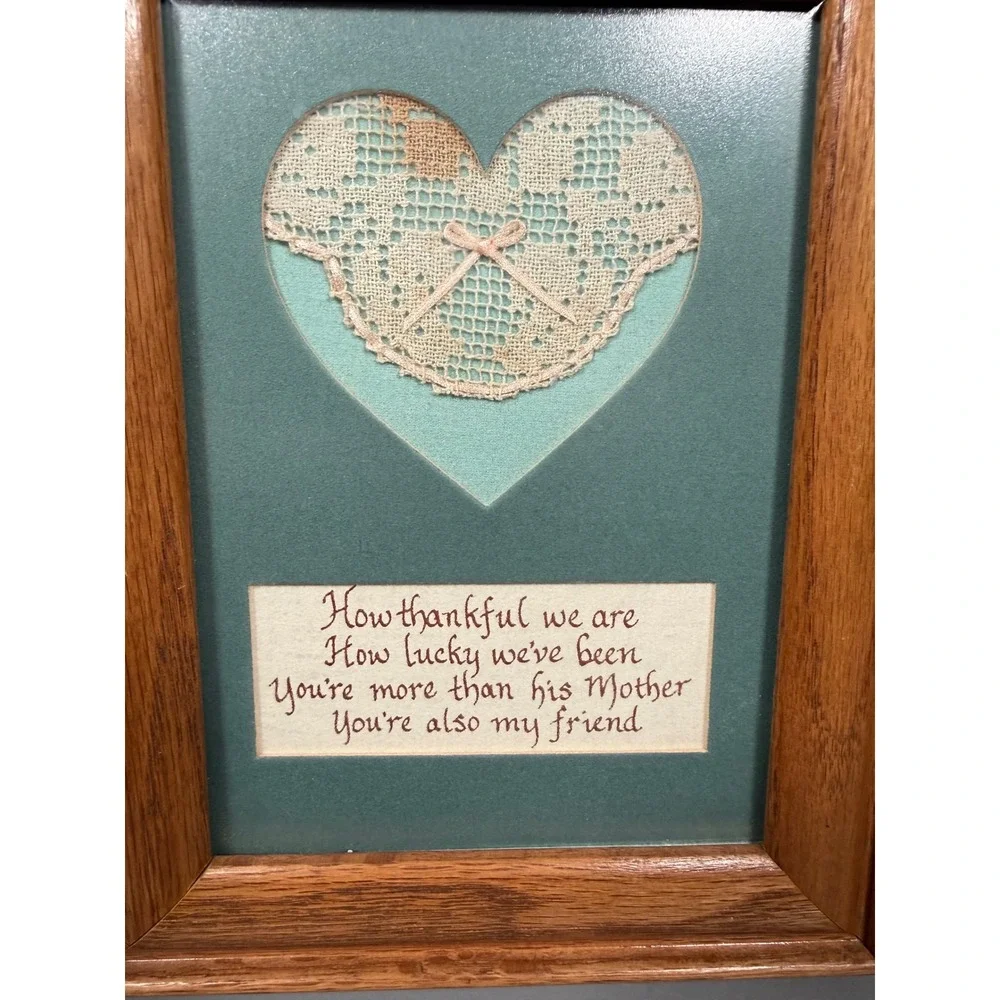 Vintage Mother In Law Poem Framed Art Lace Heart Oak Wood Frame 8.5x6.5